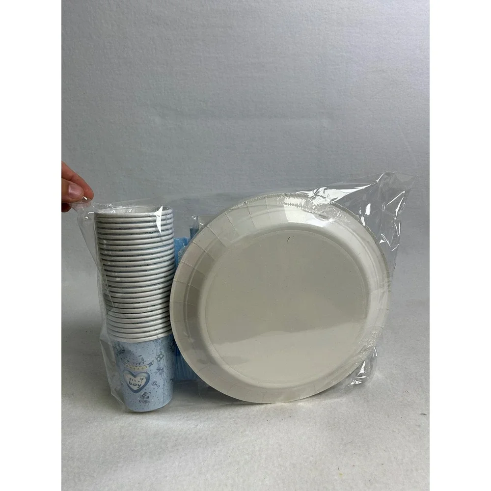 Baby Shower Ideakuku Boy‎ Blue It's a Boy Party Supplies Set Plates Cups Cutlery